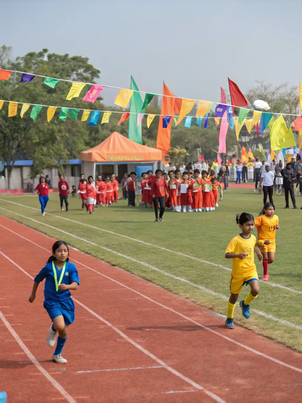 A vibrant image of students competing in various athletic events during the ENSlympiades, emphasizing the spirit of sportsmanship and school pride.
