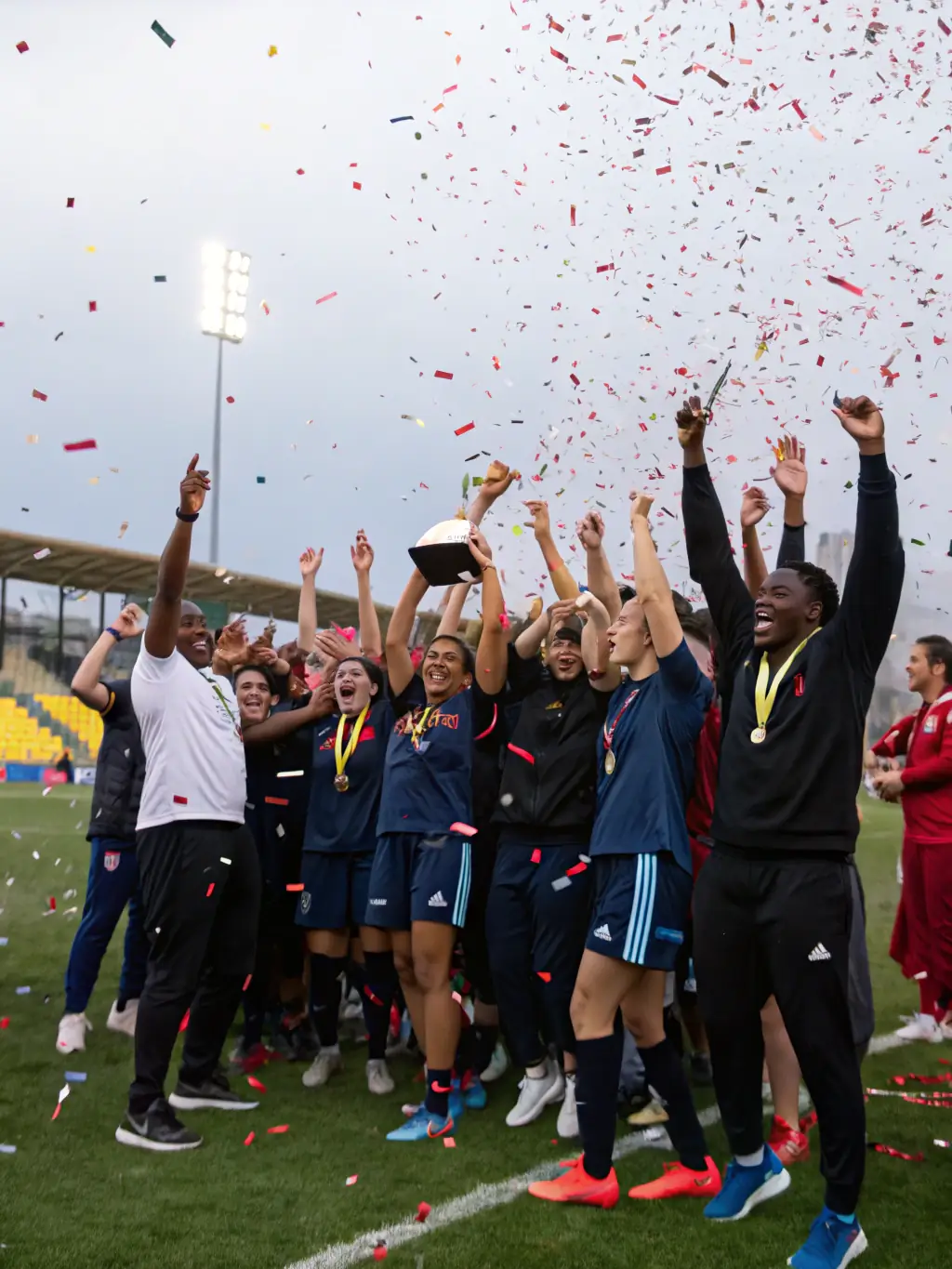 A group of students celebrating a victory after a sports event, illustrating the camaraderie and sense of achievement fostered by the Sports Office.