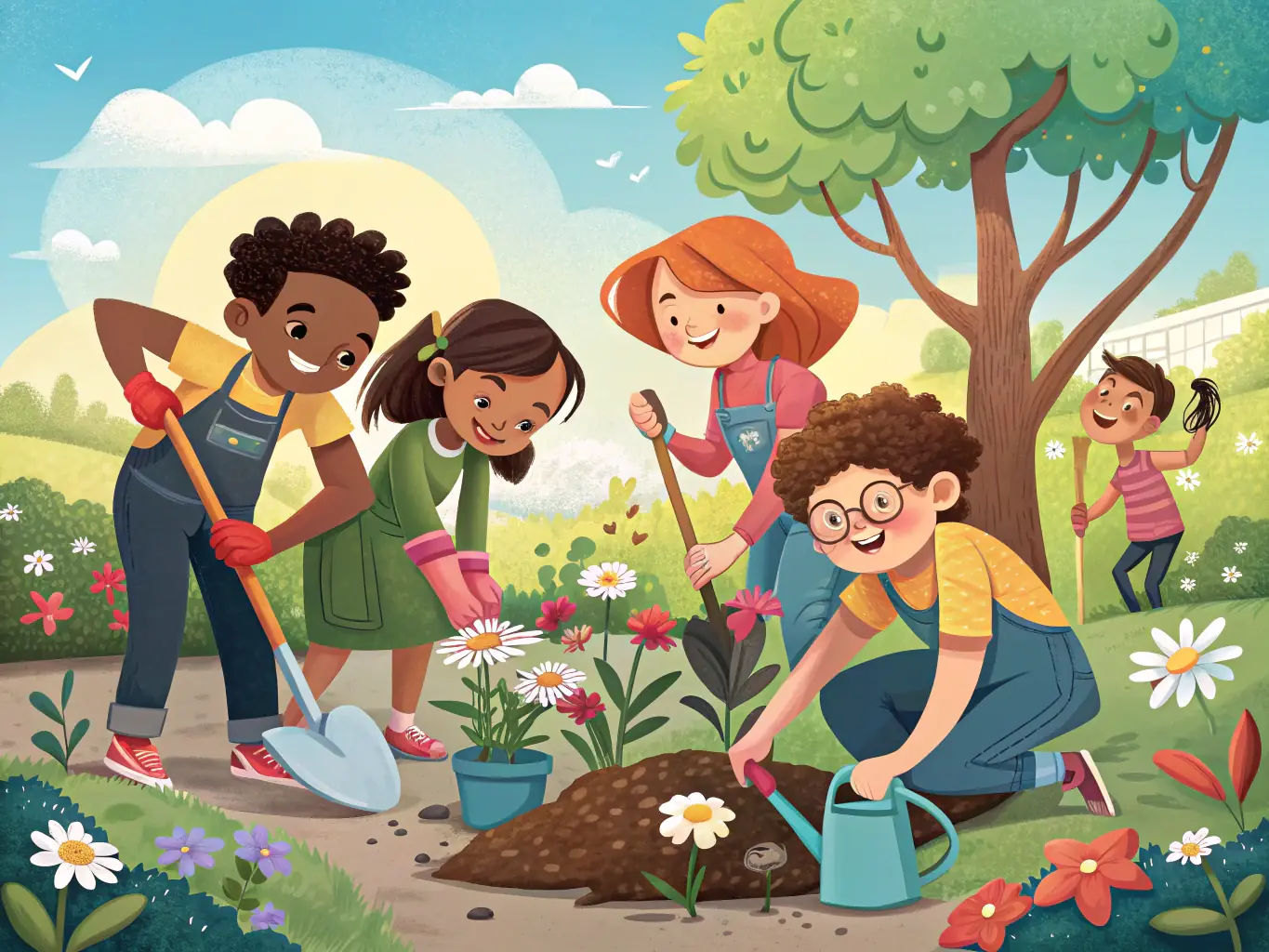 A vibrant image of students participating in a school cooperative project, such as a community garden or a fundraising event. The image should highlight the practical application of cooperative principles.