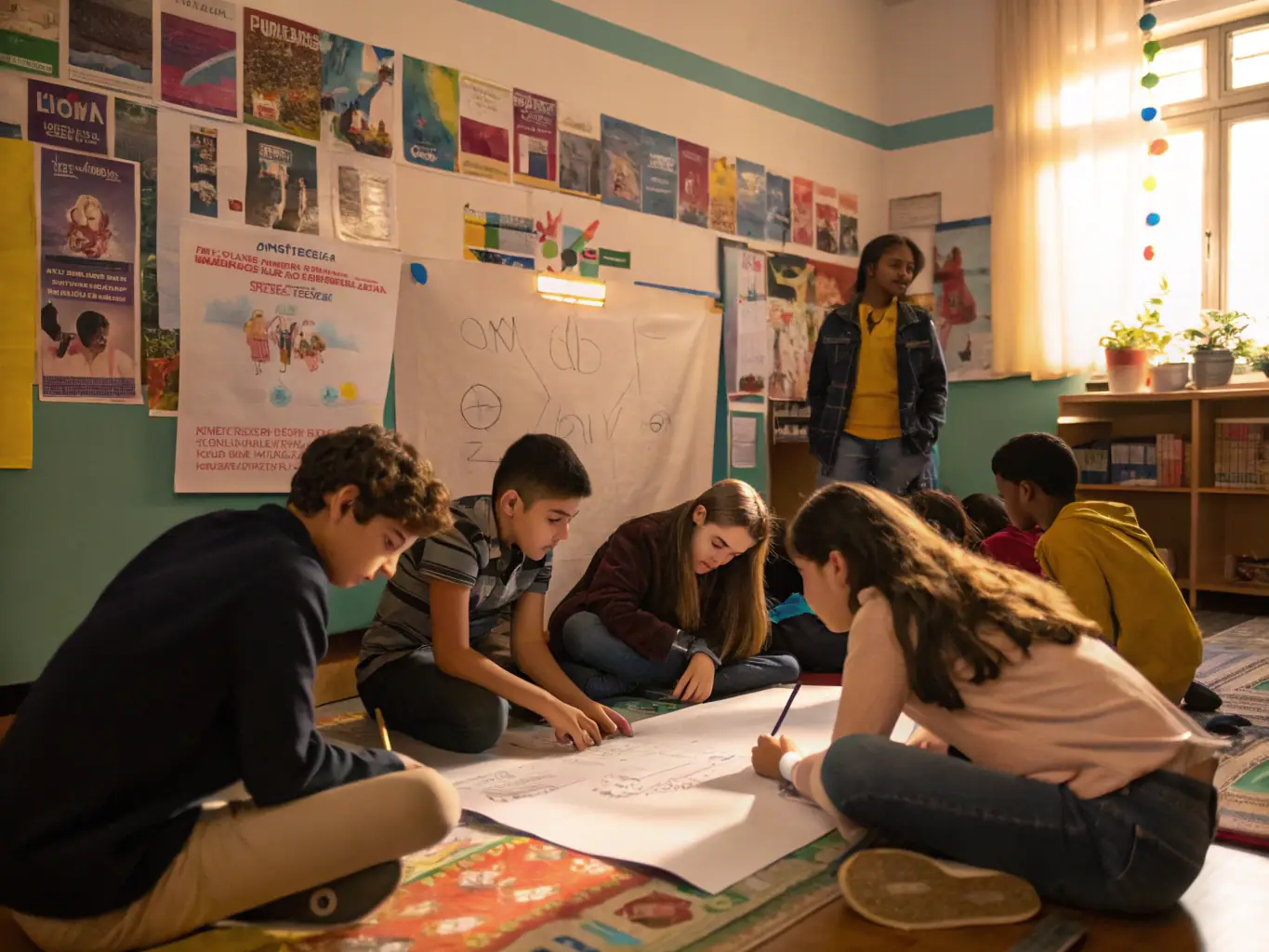A group of students actively participating in a cooperative learning activity, showcasing teamwork and engagement in a school setting. The image should convey a sense of collaboration and enthusiasm.