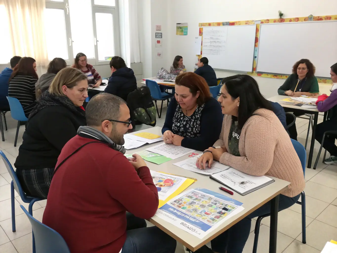 An image of educators attending a training session on facilitating school cooperatives, emphasizing the support and resources provided by OCCE. The image should convey a sense of professional development and collaboration.